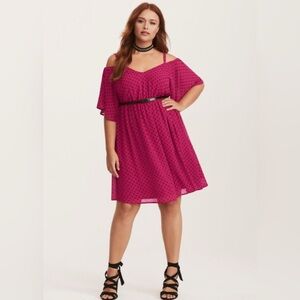 NWT Torrid Pink Polka Dot Chiffon Off-Shoulder Dress